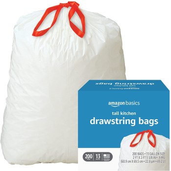 200 Amazon Basics 13 Gallon Tall Kitchen Drawstring Trash Bags