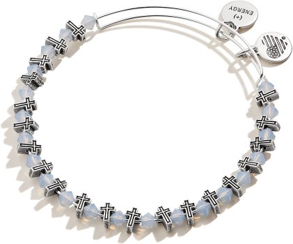 Alex and Ani Accents Holiday Bow and Cross Beaded Expandable Bangle for Women, Rafaelian Finish, 2 to 3.5 in