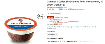 Looks like a price Mistake! Run! 6 Pack! Cameron’s Coffee Single Serve Pods, Velvet Moon, 12 Count