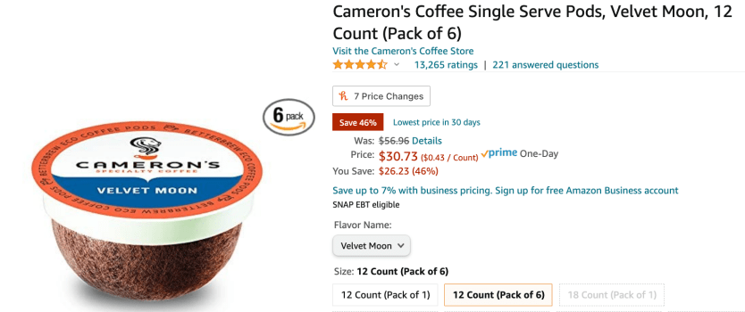 Looks like a price Mistake! Run! 6 Pack! Cameron’s Coffee Single Serve Pods, Velvet Moon, 12 Count