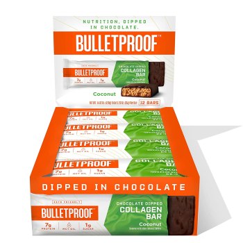 12 Pack! Bulletproof Coconut Chocolate Dipped Collagen Bars, 1.23 Ounces, Keto-Friendly Snack with MCT Oil