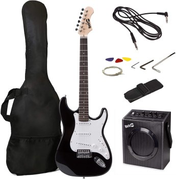RockJam Electric Guitar Superkit with 10-watt Amp, Gig Bag, Picks & Online Lessons 6 String Pack, Right, Black, Full (RJEG03-SK-BK)