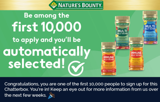 11 Free Full Size Bottles of Nature’s Bounty Jelly Bean Vitamins From Chatterbox. First 10,000 To Sign up will Qualify Automatically