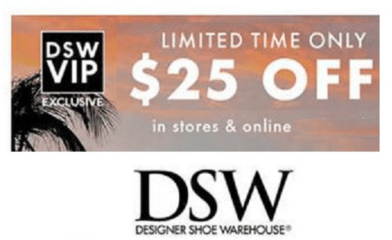 Free $25 coupon DSW online and in store