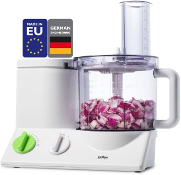Braun FP3020 12 Cup Food Processor Ultra Quiet Powerful motor, includes 7 Attachment Blades + Chopper and Citrus Juicer , Made in Europe with German Engineering