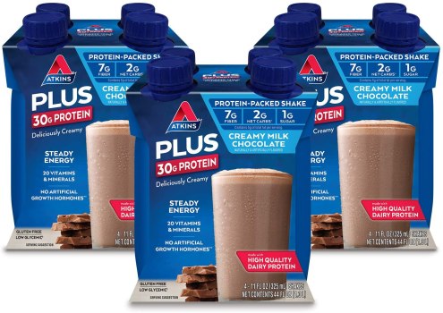 12 Shakes For $10.11 Atkins PLUS Protein-Packed Shake. Creamy Milk Chocolate with 30 Grams of Protein. Keto-Friendly and Gluten Free.