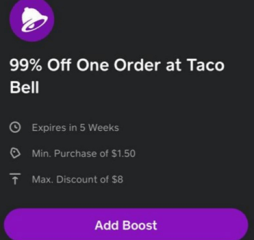 HURRY FREE TACO BELL!! Everybody has the 99% off Taco Bell Boost on their Cashapp right now.