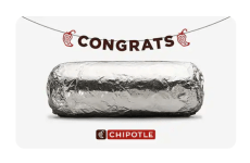 Chipotle is offering Buy 1 Get 1 Free Entree Coupon when you Purchase $30+ Graduation eGift Card.
