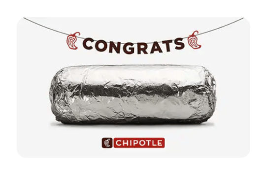 Chipotle is offering Buy 1 Get 1 Free Entree Coupon when you Purchase $30+ Graduation eGift Card.