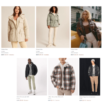 Abercrombie & Fitch Jackets Clearance Sale From $24.99: Women’s Utility Parka or Puffer $39.99 (Was $160-$200). Men’s Heavyweight puffer $39.99 and many more