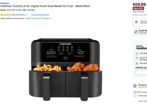 Chefman TurboFry 9 Qt. Digital Touch Dual Basket Air Fryer - Matte Black