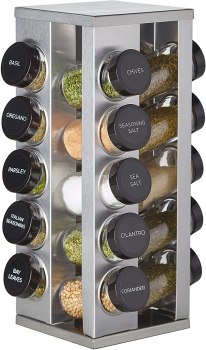 Kamenstein 20 Jar Revolving, on Counter Top Spice Rack, with 20 Jars Filled with Spice, Free 5 Year Refills, Filled in the USA, Brushed Stainless Steel