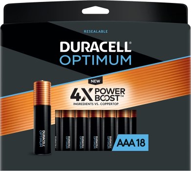 Duracell Optimum AAA Batteries | Lasting Power Triple A Battery | Alkaline AAA Battery Ideal for Household and Office Devices | Resealable Package for Storage, 18 Count (Pack of 1)