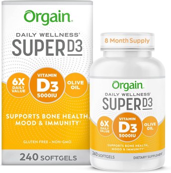 Orgain Super Vitamin D3 Supplement 5,000iu (125mcg) Immune, Bone, and Mood Support, Organic Olive Oil for Better Absorption – 8 Month Supply (240 Softgels)