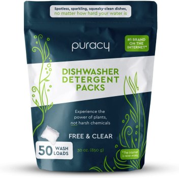Puracy Dishwasher Pods, 50 Count, Natural Dishwasher Detergent, Free & Clear Enzyme-Powered Automatic Dishwasher Pod, Spot and Residue-Free Dish Tabs, 2-in-1 Dishwasher Soap and Rinse Aid