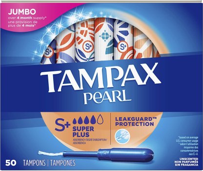 Tampax Pearl Tampons with Plastic Applicator, Super Plus Absorbency, Unscented, 50 Count – Pack of 6 (300 Count Total)