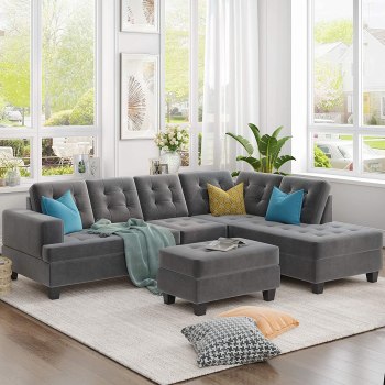 Modern 3 Piece Living Room Sectional Sofa Upholstery Couch Set with Reversible Chaise Lounge