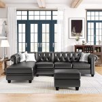 Pu Leather Button Tufted Cushion Sofá with Rolled Arm & Rivet Decor