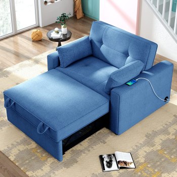 STARTOGOO 48″ Convertible Sleeper Sofa, Multi-Functional Adjustable Single-Bed Chair with USB Port and 2 Pillows for Small Space, Blue