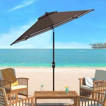 Safavieh Collection Athens Brown and White Inside Out Striped 9Ft Crank Outdoor Auto Tilt Umbrella