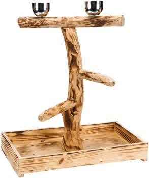 Penn-Plax Wood Bird Perch with 2 Stainless Steel Feeding Cups and Drop Tray for Large Birds
