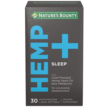 Nature's Bounty Hemp + Sleep by, for Occasional sleeplessness, Rapid Release Liquid Softgels, 30 Count