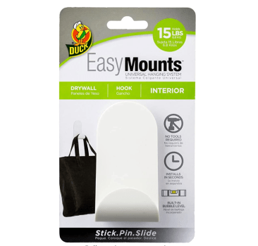 Duck Brand EasyMounts Interior Wall Hook for Drywall, Holds up to 15 lbs, White, 3 Pack of J-Hooks