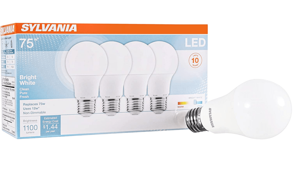 SYLVANIA LED A19 Light Bulb, 75W Equivalent, Efficient 12W, Frosted Finish, 1100 Lumens, Bright White - 4 Pack (78099)
