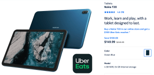 64GB Nokia T20 10.4″ Tablet (Ocean Blue) + $100 Uber Eats Voucher for $149.99 + Shipping is free.