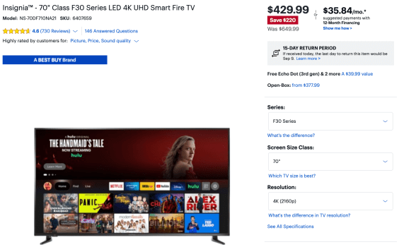 🔥 70″ Insignia F30 Series 4K UHD Fire TV $429.99 + Free Shipping. +  Free Echo Dot 3rd Gen.