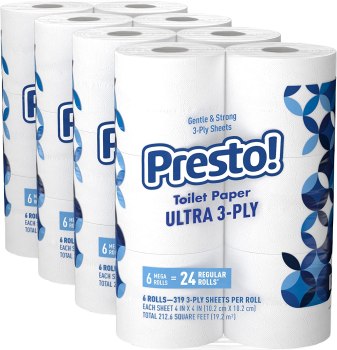Prime Members: 72-Count 319-Sheet Presto! Mega Roll Ultra 3-Ply Toilet Paper $39.65 w/ S&S + Free S&H