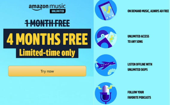 🔥 HOT 🔥 Amazon is offering 4 FREE Months of Amazon Music Unlimited Streaming to new subscribers (a $39.96 Value).