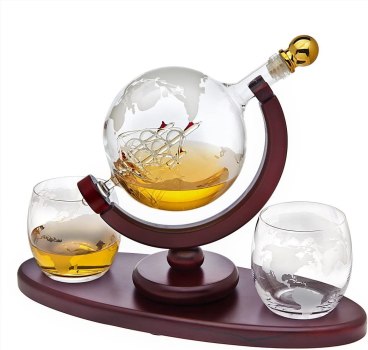 Liquor Decanter Globe Set w/ 2-Count Etched Whiskey Glasses For $33