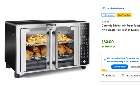 Super HOT!!! Gourmia Digital Air Fryer Toaster Oven with Single-Pull French Doors For $50