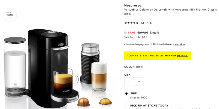 50% off Nespresso VertuoPlus Deluxe by De’Longhi with Aeroccino Milk Frother, Classic Black | Bloomingdale’s