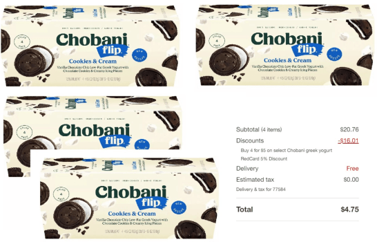 🔥 Glitch Price: 4 Boxes of 4ct Chobani Flip Cookies & Cream Low Fat Greek Yogurt only $5 (Reg $20.50) + Pickup at Target.