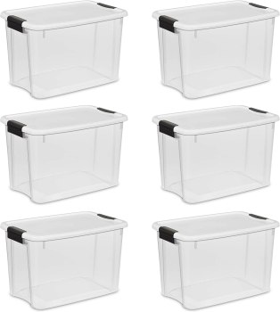 Sterilite 6 Pack For $33 30 Quart/28 Liter Ultra Latch Box, Clear with a White Lid and Black Latches