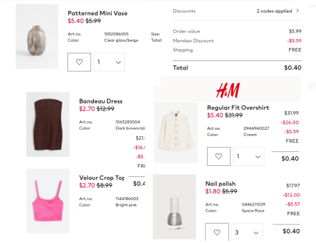 🔥 HOT!! Only 40 cents H&M Orders + Free Shipping. Stacking $5 off + 10% off. They have free shipping again today so this deal is active again!