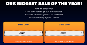 24 hour sale 50% off first 50 customers. 35% the rest of the day.