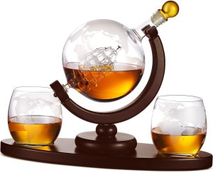 Whiskey Decanter Globe Set with 2 Etched Whiskey Glasses For 30.91