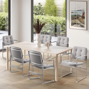 Set of 6, Button Faux Leather Upholstered Dining Room Arm Chair with Metal Legs for Dining Room/Kitchen/Living Room/Home/Restaurant/Coffee Shop, Grey