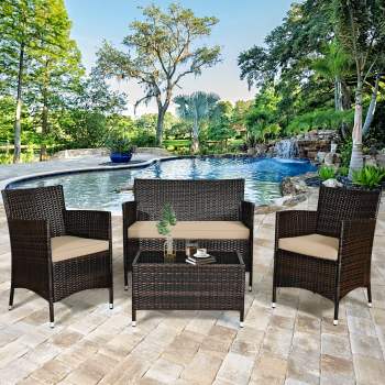 Gymax 8PCS Patio Rattan Outdoor Furniture Set w/ Cushioned Chair Loveseat Table