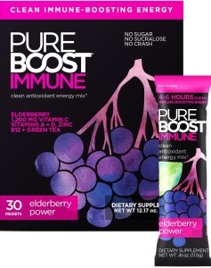 Pureboost Immune Clean Energy Drink Mix: Immunity Supplement with Elderberry, 1200 mg Vitamin C, Vitamins A + D, Zinc., 28 Vitamins, Minerals and Supernutrients (Elderberry Power, 30 Count)