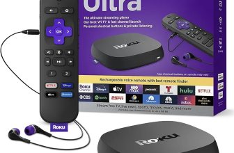 Roku Ultra | The Ultimate Streaming Device 4K/HDR/Dolby Vision/Atmos, Rechargeable Roku Voice Remote Pro, Ethernet Port, Hands-Free Controls, Lost Remote Finder, Free & Live TV