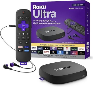 Roku Ultra | The Ultimate Streaming Device 4K/HDR/Dolby Vision/Atmos, Rechargeable Roku Voice Remote Pro, Ethernet Port, Hands-Free Controls, Lost Remote Finder, Free & Live TV