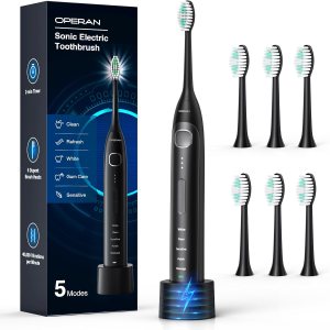 Operan Electric Toothbrush for Adults and Kids High Power Sonic Rechargeable Toothbrush with Smart Timer 5 Modes 6 Brush Heads 40,000 VPM Motor 6 Hours Fast Charge for 100 Days (Black)