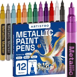 Metallic Paint Pens for Rock Painting, Stone, Ceramic, Glass, Wood, Fabric, Pebbles, Scrapbook Journals, Photo Albums, Card Stocks. Set of 12 Acrylic Paint Markers Extra-Fine Tip 0.7mm