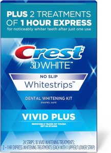  Crest 3DWhitestrips Vivid Plus 10 Treatments + 1 Hour Express 2 Treatments Teeth Whitening Kit, 8 Levels Whiter