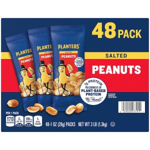 PLANTERS Salted Peanuts, Snack Size, Nuts Individual Packs, Peanuts with Sea Salt, Simple Ingredients, Convenient Snacking, On the Go Snacks, Kosher, 1oz Bags (48 Pack)