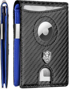 ALPHA PAIR Smart Wallet with Air Tag Holder - Minimalist Bifold RFID Blocking Wallet with Money Clip - Men Wallet with Airtag for Apple - Black Leather Wallet with BLUE Trim